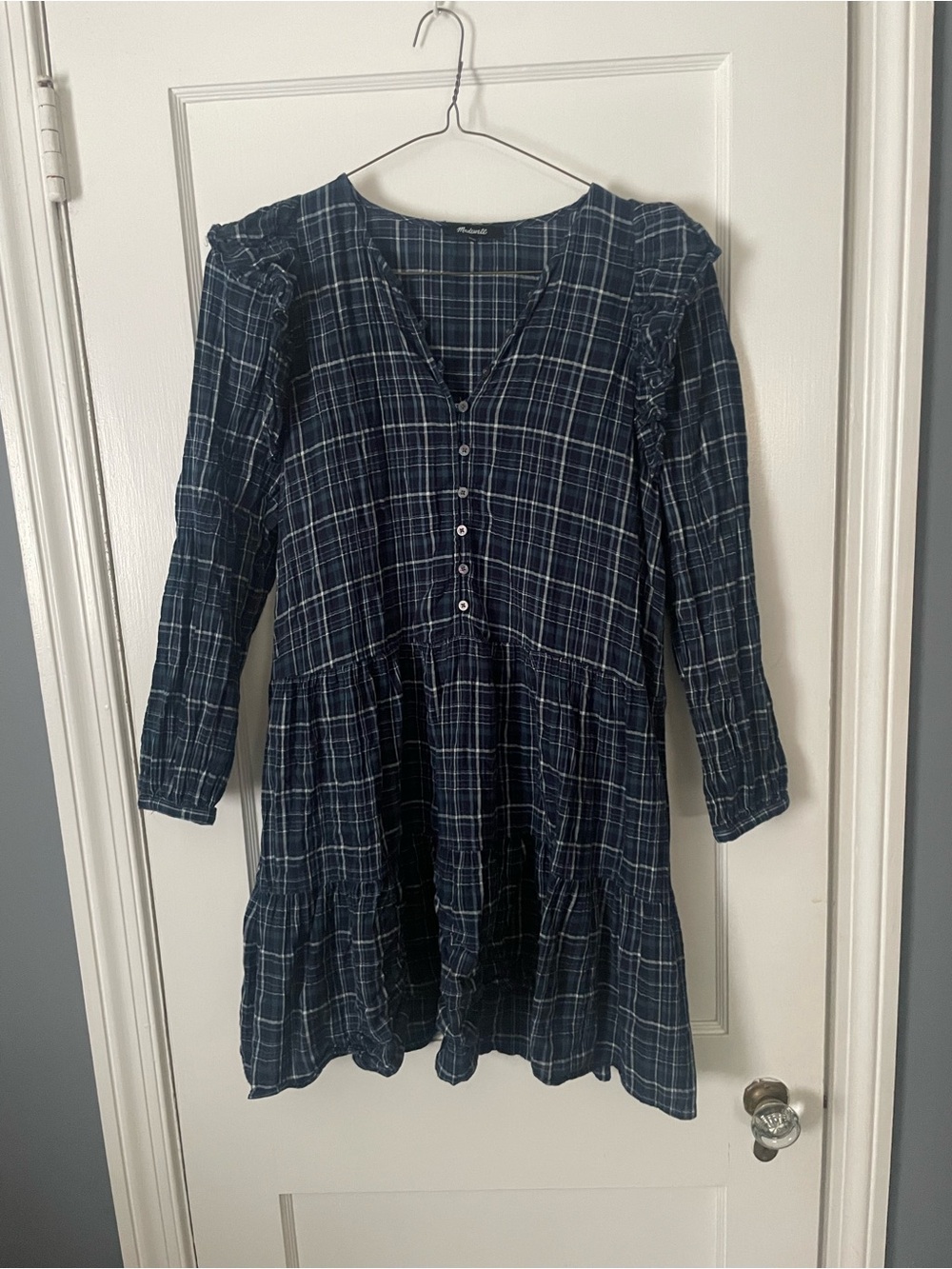 Madewell Gauze Ruffle-Trimmed Mini Dress in the "Deep Indigo" plaid Sz Small